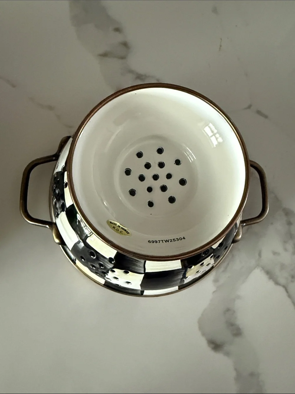McKenzie Childs Enamel Colanders.Cream with Bronze Trim. Set of 2 Pieces Bk & Wh